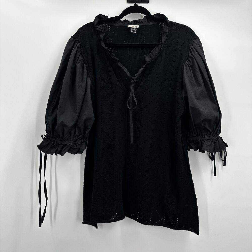 POL Tunic Top Womens Large Black Puff Sleeve Ruffle Boho Peasant Blouse FST335A